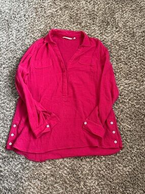 Soft Surroundings Women's Fuchsia Button-Sleeve Woven Tunic Top